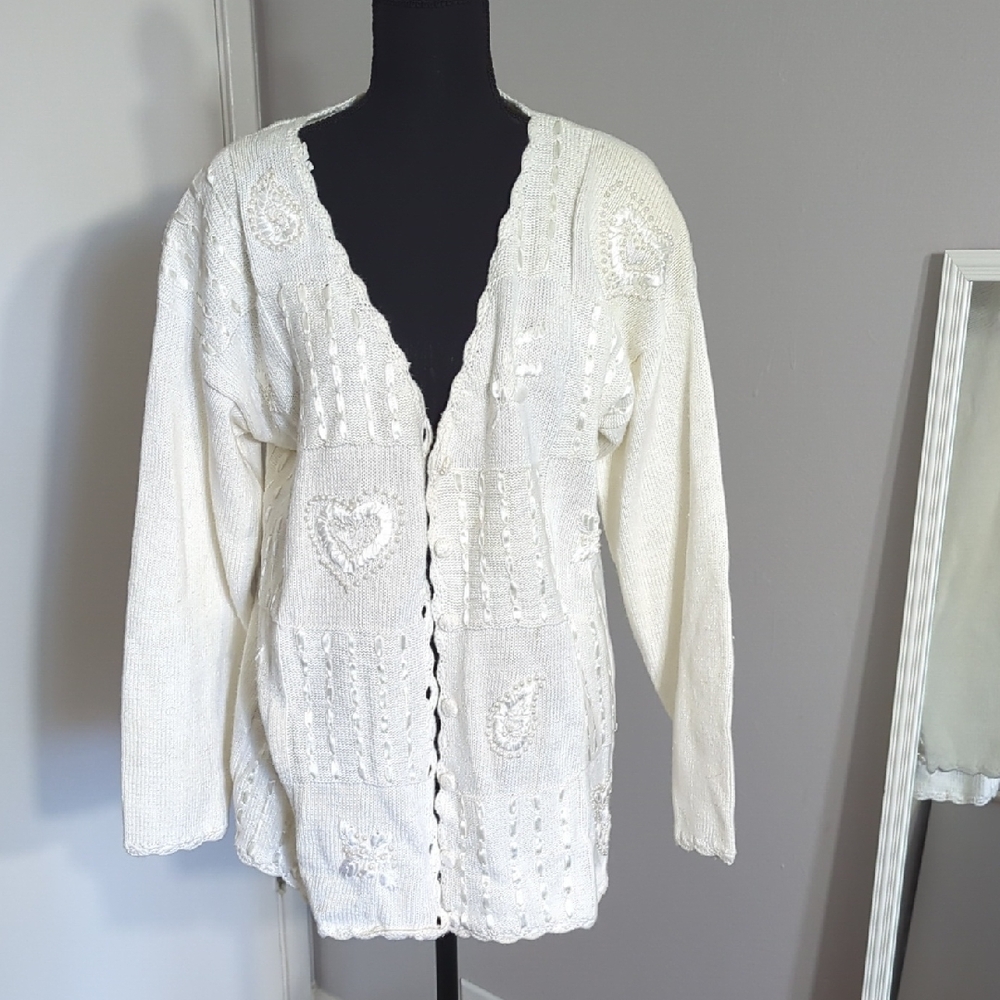 Cream Knit Button-Front Women's Cardigan with Heart Detail